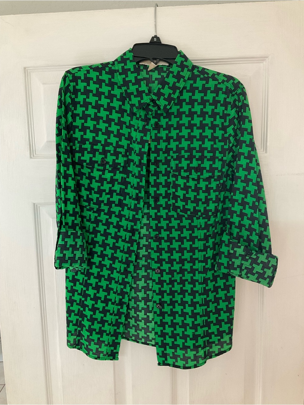 Michael Kors Green and Black Geometric Button-Down Shirt
